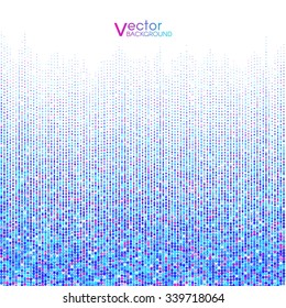 Bright festive background of glowing circles of colored dots. Trendy design, rain curtain, fringe. Snowy sky blue geometric background.Shiny gentle background, snow gradient. Vector illustration.