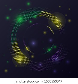 Bright festive background Mardi Gras. Round frame from green, yellow, purple violet confetti  on a black background. Beautiful design  for Carnival, Mardi Gras, Holiday decoration.  Vector 