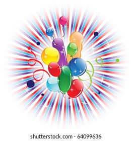 Bright festive balloons and colorful ribbons