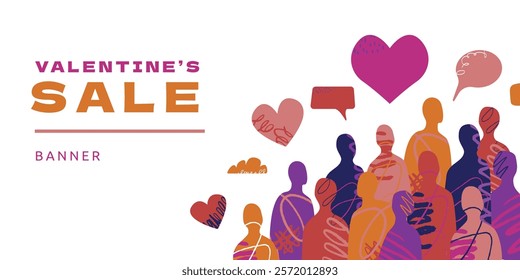 A bright and festive banner template with a crowd celebrating Valentine's Day. A group of abstract people of different colors and shapes surrounded by hearts and speech bubbles.