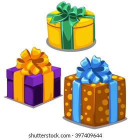 Bright festive boxes for packing gifts for birthday or Christmas. Vector illustration.