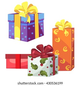 Bright festive boxes for packing gifts for birthday or Christmas. Vector illustration.