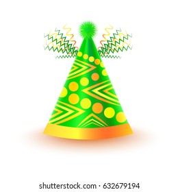 Bright festive cap with circles and triangles in yellow and green colors isolated on white background. Funny party accessory vector illustration. Holiday headgear for festive mood and having fun.