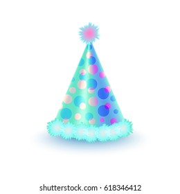 Bright festive cap with purple and blue circles and ribbon isolated on white background. Funny party accessory vector illustration. Holiday headgear for festive mood and having fun in cartoon style