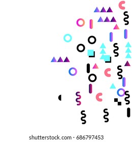 Bright festive card with confetti of geometric elements in a Memphis style on transparent background. Colored postcard.