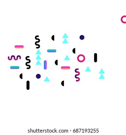 Bright festive card with confetti of geometric elements in a Memphis style on transparent background. Colored postcard.