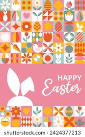 Helle festliche Karte für Frohe Ostern. Modernes Design mit geometrischen Formen mit Eiern, Hasen, Blumen, Huhn. Bauhaus-Stil. Muster für Karte, Plakat, Flyer, Banner, Abdeckung