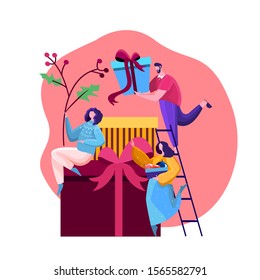 Bright Festive Characters People Celebrate New Year and Christmas Holidays Friends Man and Women preparing presents and Gifts Having fun together warm cosy atmosphere Cartoon. Flat Vector Illustration