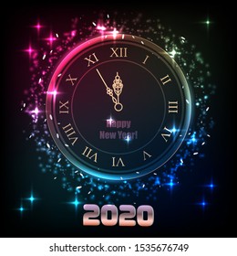 Bright festive Christmas background with a clock sparks and flashes.