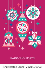 Bright festive Christmas background with geometric abstract hanging decorations, shimmering sparks. Poster, flyer, invitation, postcard