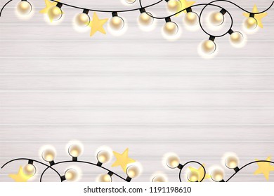 bright festive christmas background, with lights and stars, flat lay vector