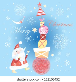 bright festive Christmas card by Santa Claus and gifts on blue background 