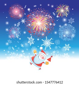 Bright festive Christmas card with Santa Claus on the background with snowflakes and fireworks.