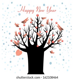 bright festive Christmas card with tree and birds on a white background with snow 