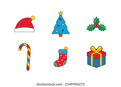 Bright and festive Christmas color icons set vector art featuring a variety of holiday-themed illustrations. Includes beautifully crafted icons of Christmas trees, gift boxes, candy canes, stockings, 