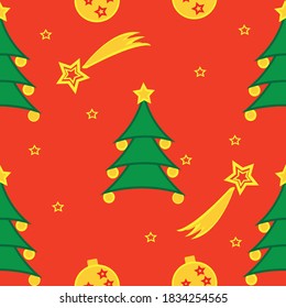 bright festive Christmas or new year seamless vector pattern with Christmas trees, Christmas balls and stars for packaging, desktop