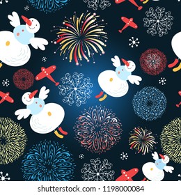 Bright festive Christmas pattern of flying snowmen against a dark background with lights.