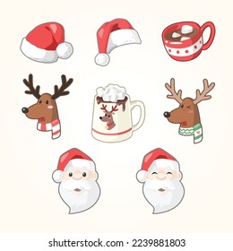 Bright and festive Christmas vector graphics featuring a Santa hat, hot chocolate with marshmallows, a reindeer, Father Christmas, and Santa Claus icons.