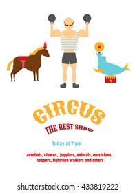 Bright festive circus poster. Invitation to the show. Strongman, a horse and a fur seal with a ball on a white background.