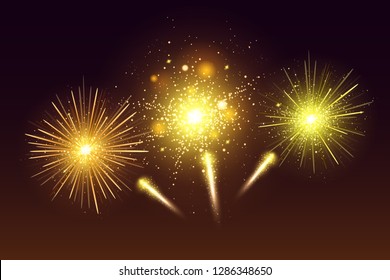 Bright festive colorful fireworks set. Vector realistic fireworks illustration. New Year Christmas firework. Firework explosion, star or stardust, bright colors