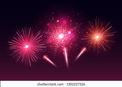 Bright festive colorful fireworks set. Vector realistic fireworks illustration. New Year Christmas firework. Firework explosion, star or stardust, bright colors