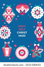 Bright festive creative Christmas background with geometric abstract decorations laid out in a frame. Poster, flyer, invitation, postcard