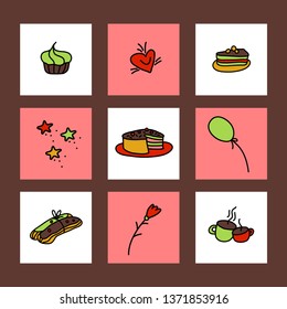 Bright festive design elements for holidays and birthdays with cakes, tea, coffee, eclairs, balloons and flowers in doodle style. For cards, banners, posters, textiles. Vector.