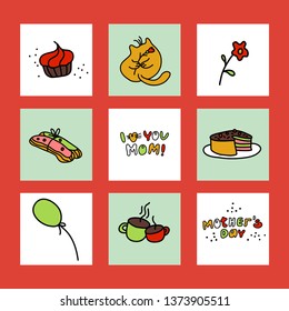 Bright festive design elements for mother's day. Set holiday attributes: cakes, tea, coffee, balloons, flowers ahd congratulatory phrases in doodle style. For cards, banners, posters, textiles. Vector
