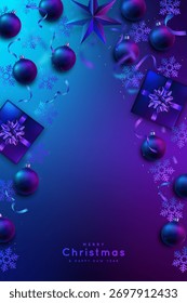 Helles festliches Design mit Ornamenten, Geschenken und Schneeflocken in lebhaften Farben. Weihnachtsbaumform.