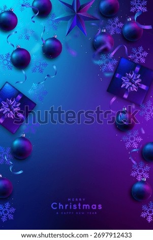 Bright festive design featuring ornaments, gifts, and snowflakes in vivid colors. Christmas tree form.