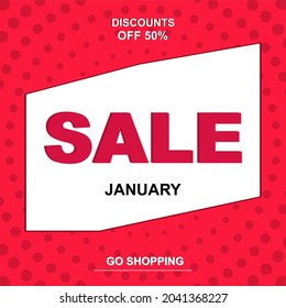 Bright festive design on a red background. Sale in January. A banner with an offer of purchases and discounted prices. Vector illustration