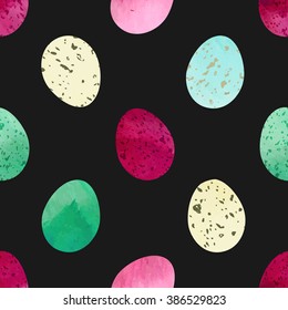 Bright festive Easter eggs seamless vector pattern. Gouache or watercolor painting textured eggs  on solid green-grey background. Beige, blue, green, purple and pink colors.