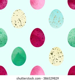 Bright festive Easter eggs seamless vector pattern. Gouache or watercolor painting textured eggs  on solid green-grey background. Beige, blue, green, purple and pink colors.