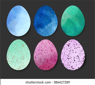 Bright festive Easter eggs set  illustration. Gouache or watercolor painting vector imitation textured egg shapes on solid grey background. Blue, green, purple and pink colors.