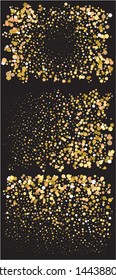 Bright festive falling confetti. Decorative element of design. Vector illustration layout. Gold set of beautiful shiny abstract textures on black background.