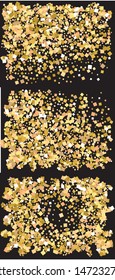 Bright festive falling confetti. Random element of design. Vector illustration layout. Gold set of beautiful shiny abstract textures on black background.