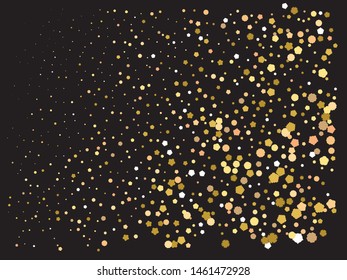 Bright festive falling confetti. Stylish element of your design. Vector illustration layout. Gold beautiful shiny abstract texture on black background.