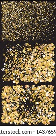 Bright festive falling confetti. Vector illustration surprise. New element of design. Gold set of beautiful shiny abstract textures on black background.