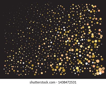 Bright festive falling confetti. Vector illustration poster. Random element of your design. Gold beautiful shiny abstract texture on black background.