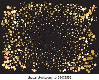 Bright festive falling confetti. Vector illustration vintage. Stylish element of your design. Gold beautiful shiny abstract texture on black background.