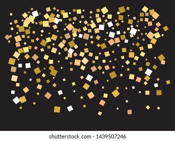 Bright festive falling confetti. Vector illustration object. Fashionable element for your design. Gold beautiful shiny abstract textures on black background.
