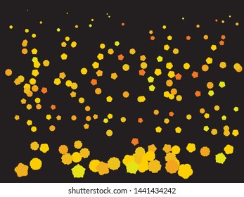 Bright festive falling confetti. Vector illustration poster. Graphic element of your design. Gold beautiful shiny abstract texture on black background.