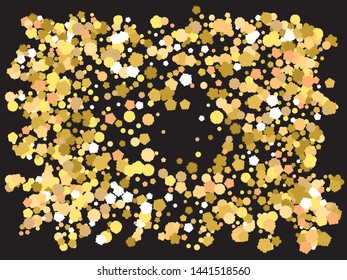 Bright festive falling confetti. Vector illustration layout. Magic element of your design. Gold beautiful shiny abstract texture on black background.