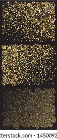 Bright festive falling confetti. Vector illustration object. Decorative design's elements. Gold set of beautiful modern abstract textures on black background.