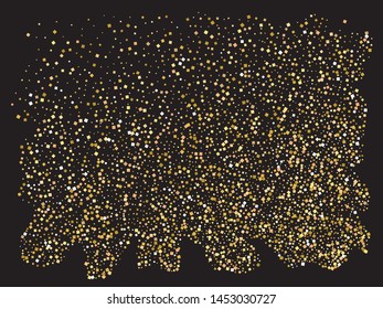Bright festive falling confetti. Vector illustration backdrop. Stylish element for your design. Gold beautiful shiny abstract textures on black background.