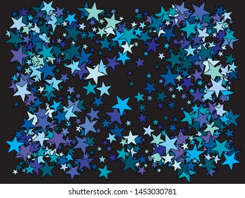 Bright festive falling confetti. Vector illustration backdrop. Magic glitter design's elements. Blue beautiful modern abstract texture on black background.