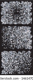 Bright festive falling confetti. Vector illustration effect. Random set for design. Silver beautiful shiny abstract textures on black background.