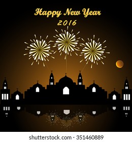 Bright festive fireworks with city skyscrapers at night background and Happy new year 2016
