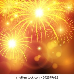 Bright festive fireworks explosion over background. Vector illustration