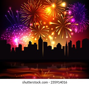 Bright festive fireworks with modern city skyscrapers at night background vector illustration